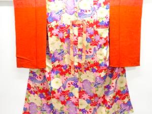 アンティーク　錦紗鼓に牡丹・菊模様長襦袢(刺繍衿付き)